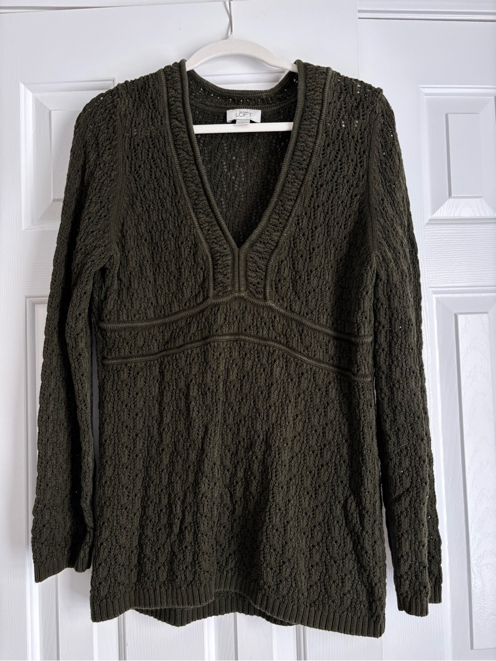 LOFT Olive Green Cable V-Neck Sweater